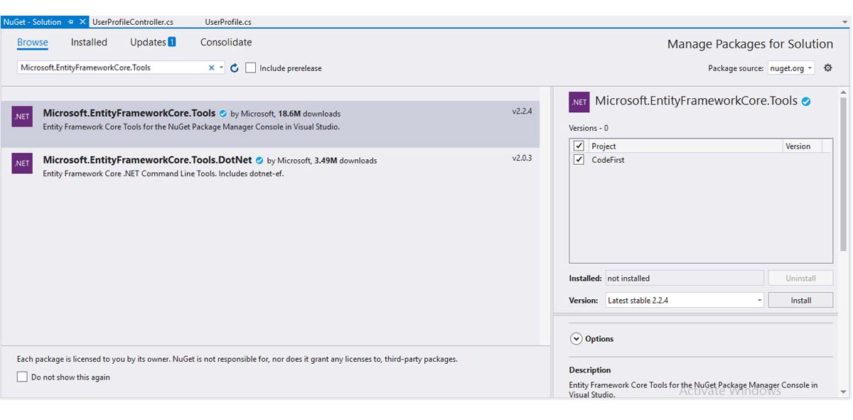 E. Search Microsoft.EntityFrameworkCore.Tools and install