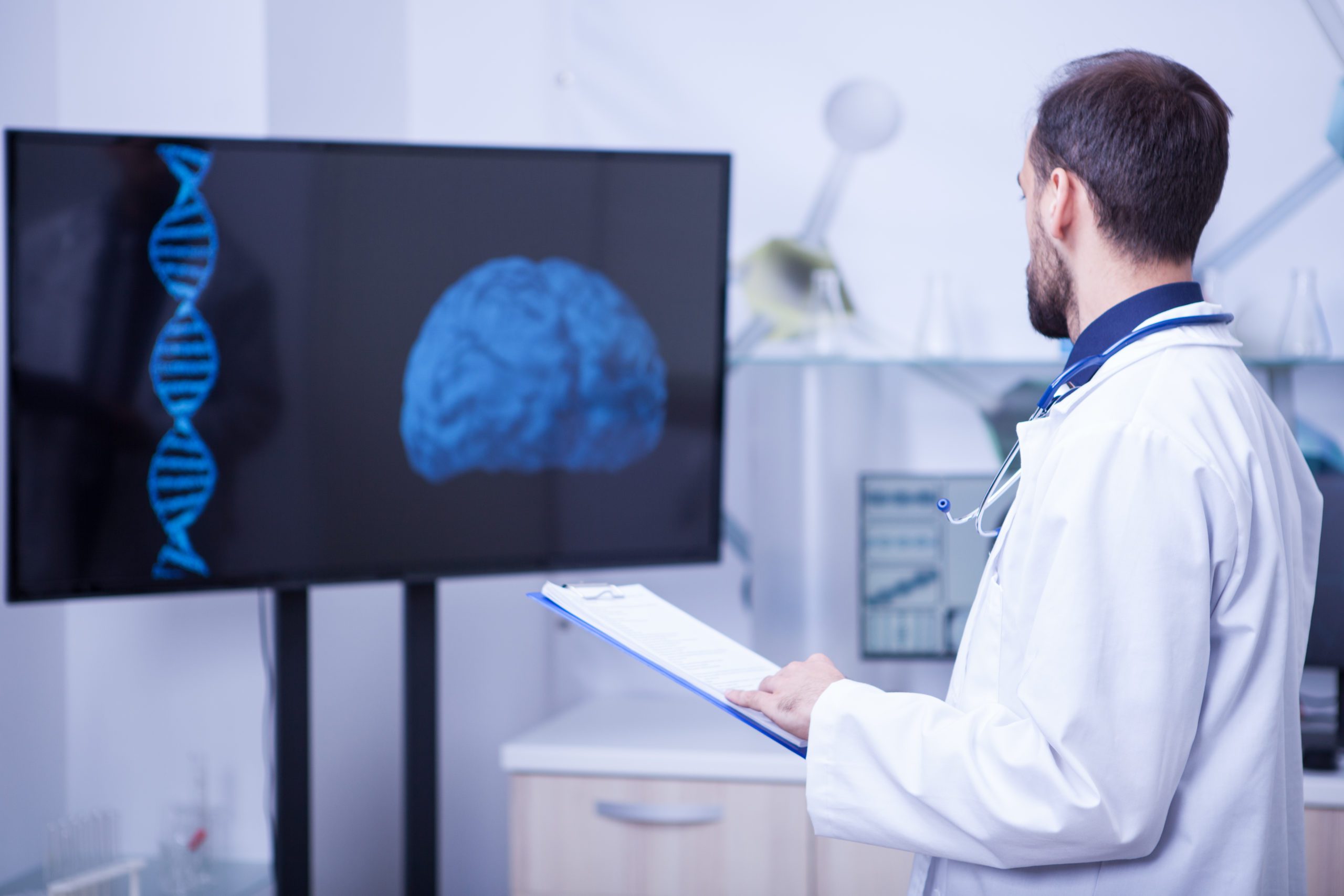 doctor his cabinet looking braind trying put diagnosis doctor giving his expertise scaled