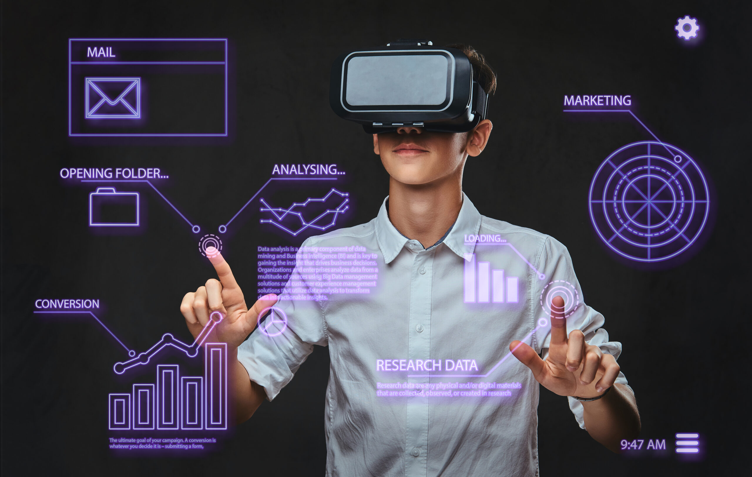 Teenager using virtual reality glasses with graph charts, numbers, lines. blockchain application development